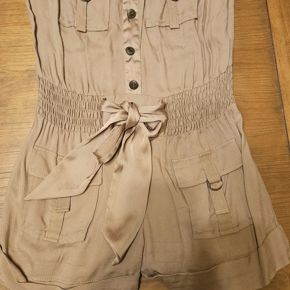 Candie's Beige Button-Up Romper with Belt - Picture 1 of 3